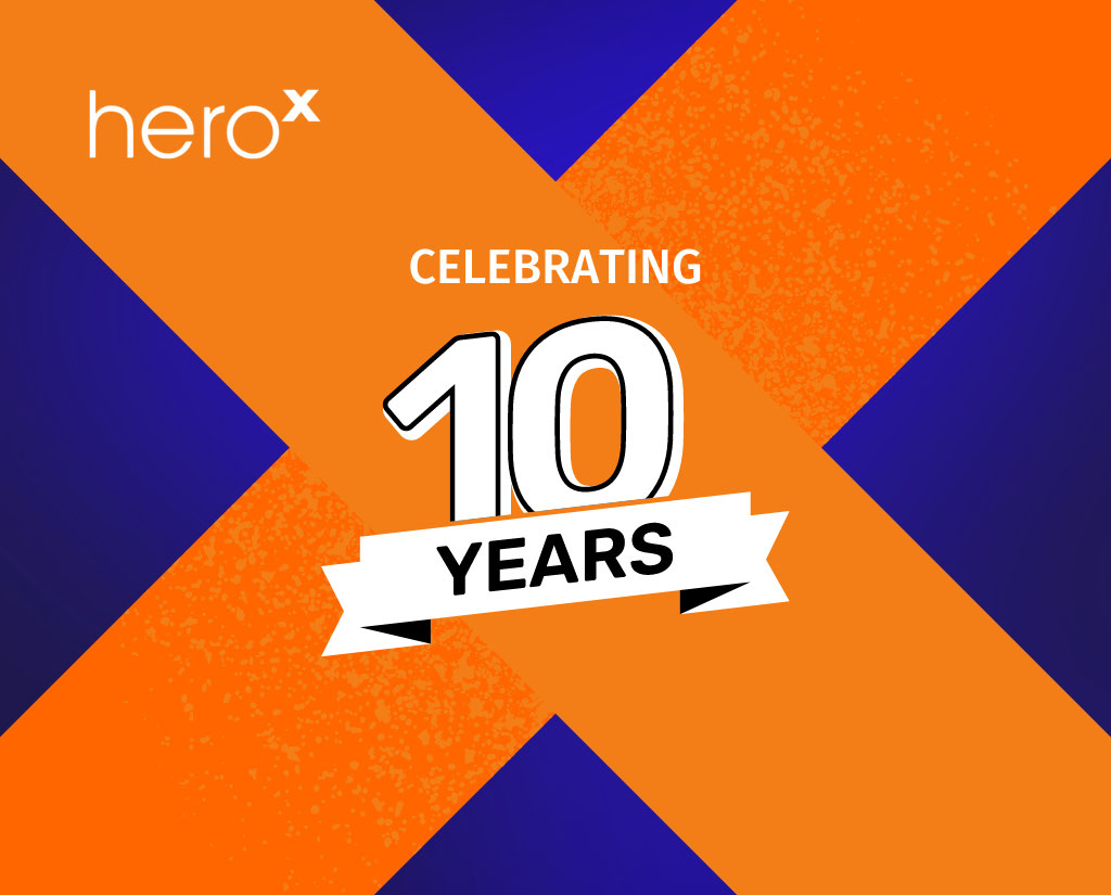 HeroX logo celebrating 10 years