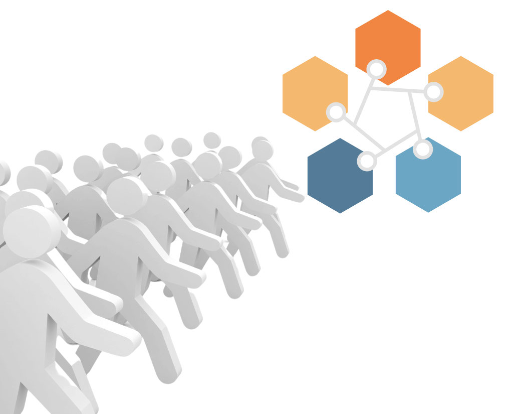Graphic image of a group of white figures marching towards a separate graphic with 5 hexagonal shapes connected by a web of lines.
