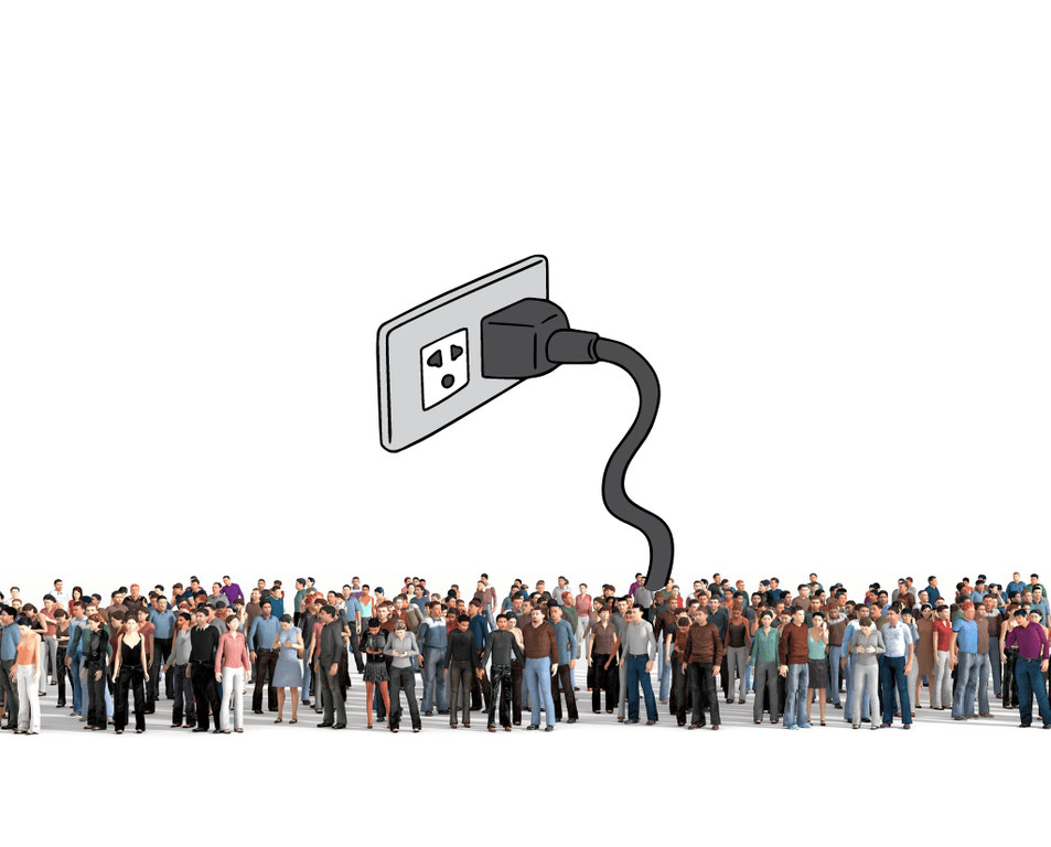 A crowd lined up in a row with a digital picture of a plug coming out of the crowd and plugging into a socket, depicting the concept of plugging into the crowd