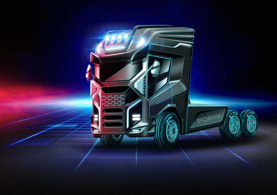 A black truck with blue lights  Description automatically generated
