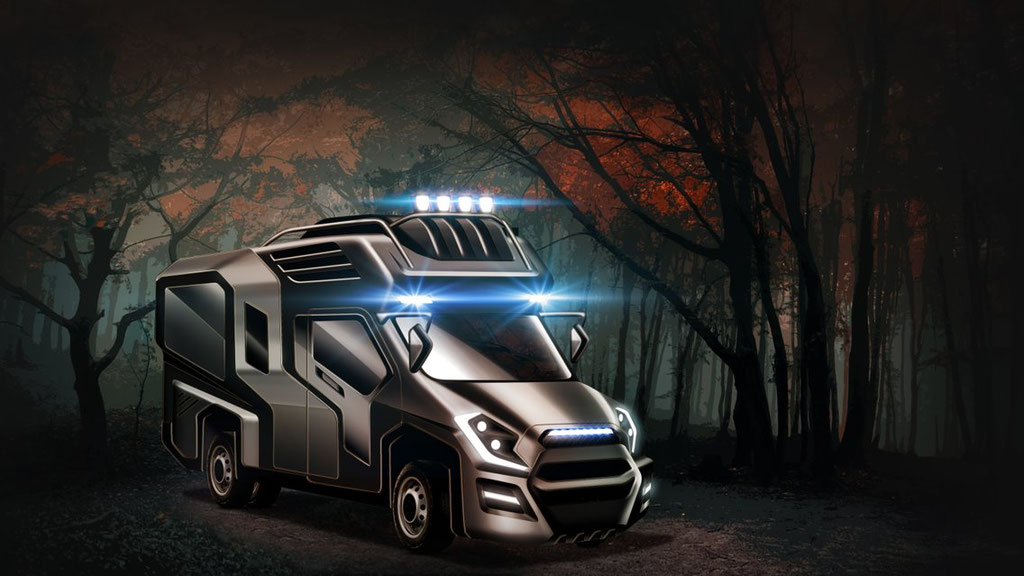 A black truck with lights on  Description automatically generated