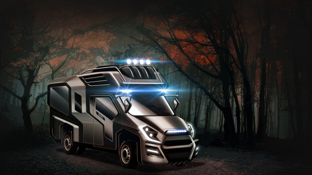 A black truck with lights on

Description automatically generated